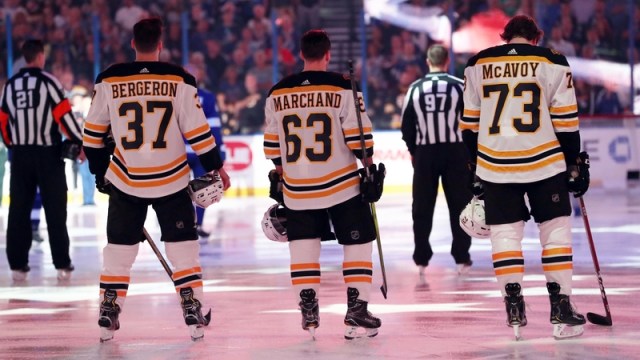 Boston Bruins' Patrice Bergeron, Brad Marchand And Charlie McAvoy