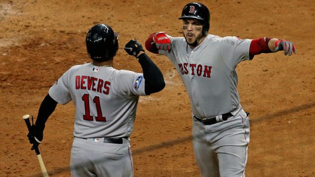 Boston Red Sox third baseman Rafael Devers and first baseman Steve Pearce