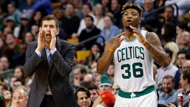 Boston Celtics coach Brad Stevens and guard Marcus Smart