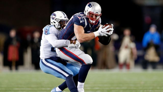 Tennessee Titans safety Kevin Byard and New England Patriots tight end Rob Gronkowski