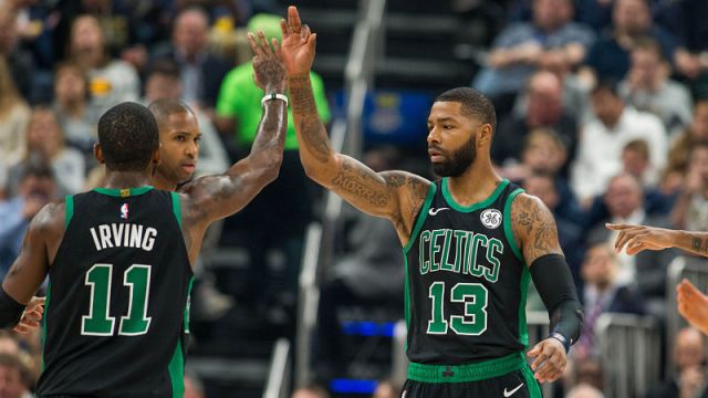 Boston Celtics guard Kyrie Irving and forward Marcus Morris