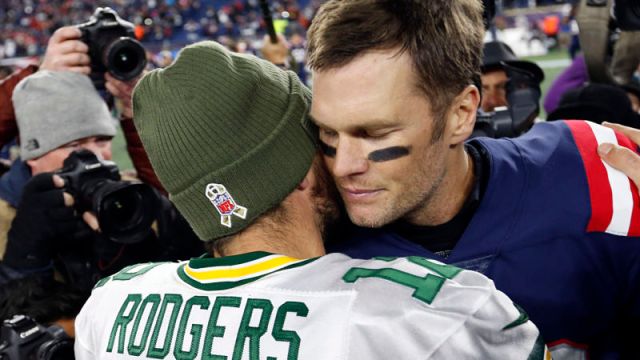 New England Patriots quarterback Tom Brady and Green Bay Packers quarterback Aaron Rodgers