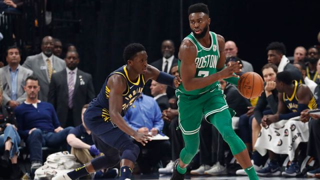 Indiana Pacers guard Victor Oladipo and Boston Celtics guard Jaylen Brown