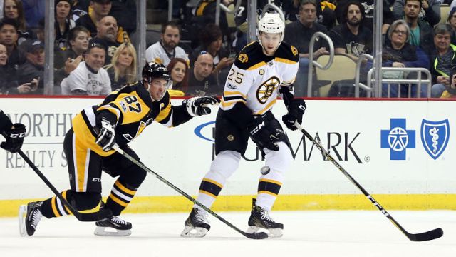 Pittsburgh Penguins forward Sidney Crosby and Boston Bruins defenseman Brandon Carlo