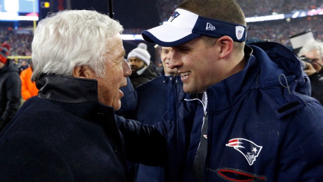 New England Patriots offensive coordinator Josh McDaniels and New England Patriots owner Robert Kraft (left)