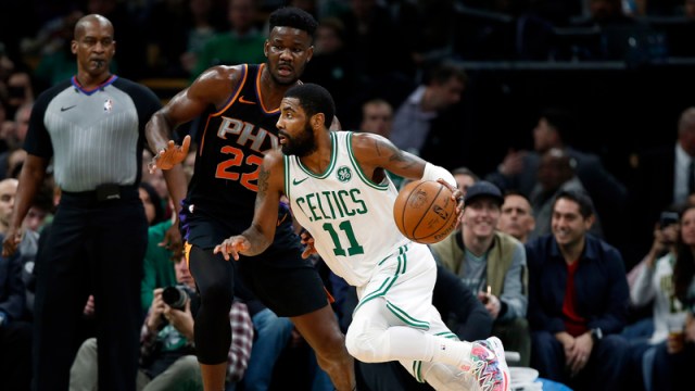 Boston Celtics guard Kyrie Irving (not pictured) wears colorful shoes