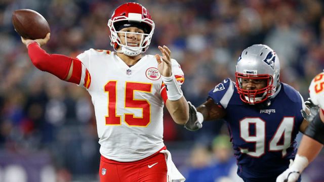 Kansas City Chiefs quarterback Patrick Mahomes and New England Patriots defensive lineman Adrian Clayborn
