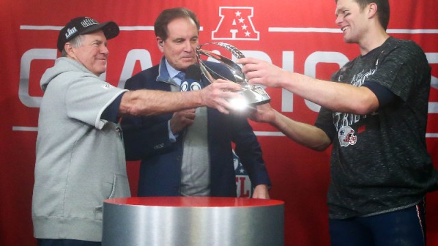 New England Patriots head coach Bill Belichick (left) and quarterback Tom Brady (right)
