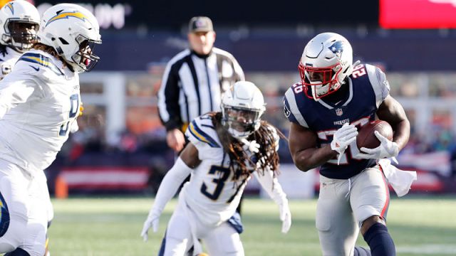 Los Angeles Chargers safety Jahleel Addae and New England Patriots running back Sony Michel