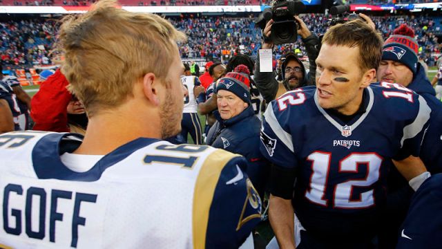 Los Angeles Rams quarterback Jared Goff and New England Patriots quarterback Tom Brady