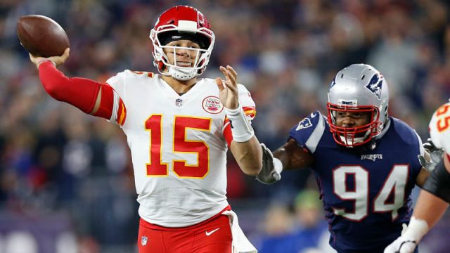 Kansas City Chiefs quarterback Patrick Mahomes and New England Patriots defensive end Adrian Clayborn