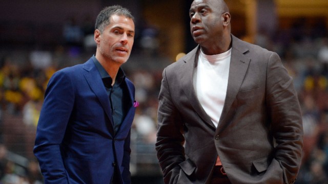 Los Angeles Lakers general manager Rob Pelinka (left) and president of basketball operations Magic Johnson