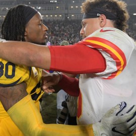 Los Angeles Rams running back Todd Gurley (30) and Kansas City Chiefs quarterback Patrick Mahomes (15)