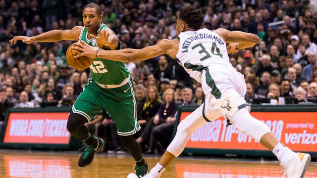 Boston Celtics forward Al Horford and Milwaukee Bucks forward Giannis Antetkounmpo