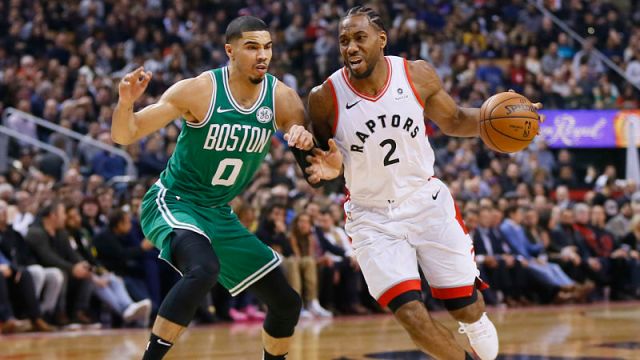 Boston Celtics forward Jayson Tatum and Toronto Raptors forward Kawhi Leonard
