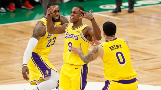 Los Angeles Lakers forward LeBron James and guards Rajon Rondo and Kyle Kuzma