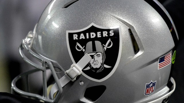 A general view of an Oakland Raiders helmet