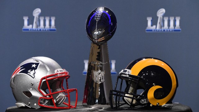 he Vince Lombardi Trophy and helmets for the New England Patriots and Los Angeles Rams
