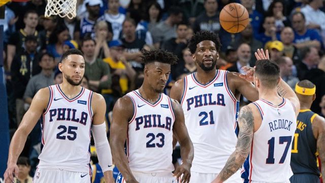 Philadelphia 76ers center Joel Embiid and guards Jimmy Butler, Ben Simmons and J.J. Redick