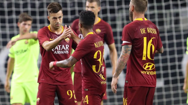 AS Roma players Stephan El Shaarawy, Justin Kluivert and Daniele De Rossi