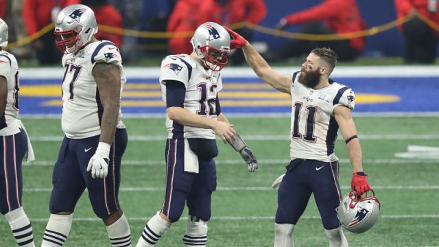 New England Patriots quarterback Tom Brady and Julian Edelman