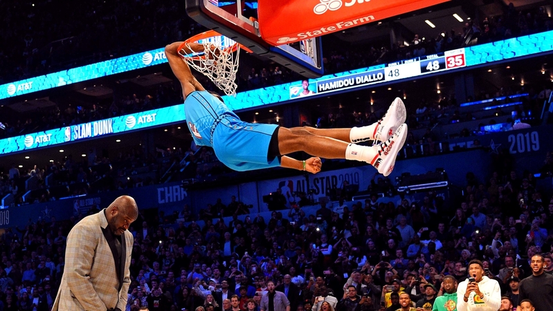 Hamidou Diallo jumps over Shaquille O'Neal to win NBA All-Star Dunk Contest  after ripping jersey to expose Superman top