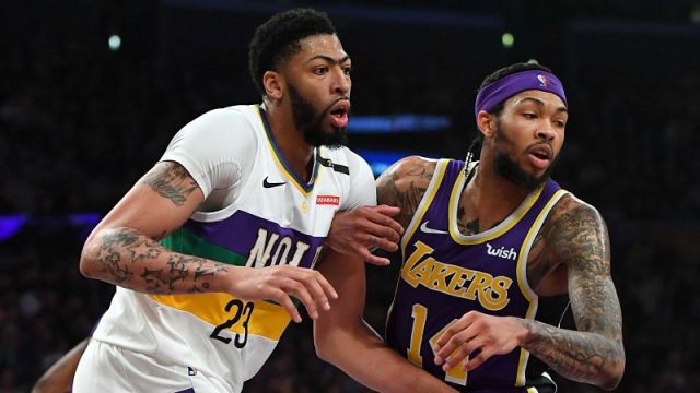 New Orleans Pelicans forward Anthony Davis and Los Angeles Lakers guard Brandon Ingram