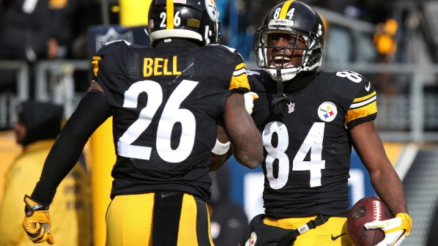 New York Jets running back Le'Veon Bell and New England Patriots wide receiver Antonio Brown