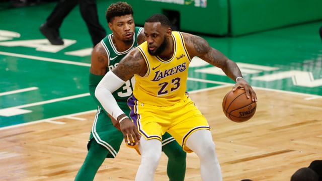 Boston Celtics guard Marcus Smart and Los Angeles Lakers forward LeBron James