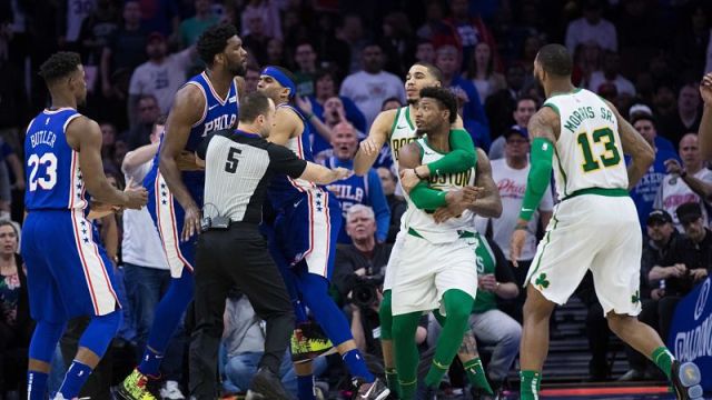 Boston Celtics point guard Marcus Smart and Philadelphia 76ers center Joel Embiid