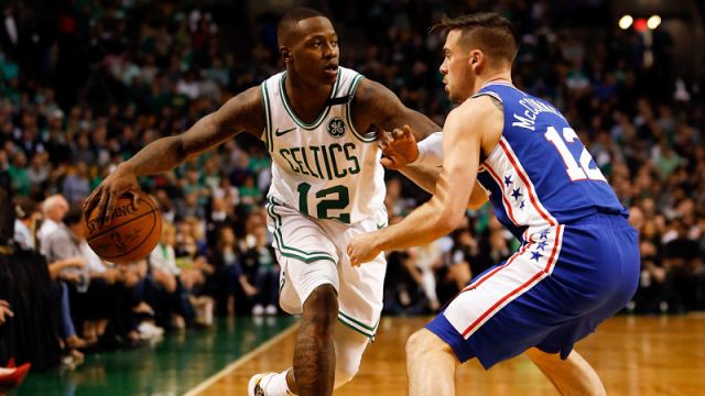 Boston Celtics guard Terry Rozier and Philadelphia 76ers guard T.J. McConnell