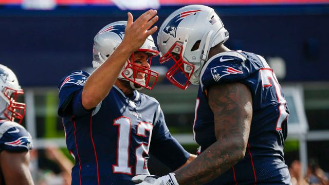 New England Patriots quarterback Tom Brady and Oakland Raiders offensive lineman Trent Brown