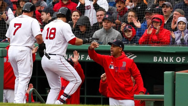 Boston Red Sox's Alex Cora, Mitch Moreland & Christian Vasquez