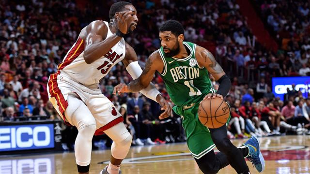 Miami Heat forward Bam Adebayo and Boston Celtics guard Kyrie Irving