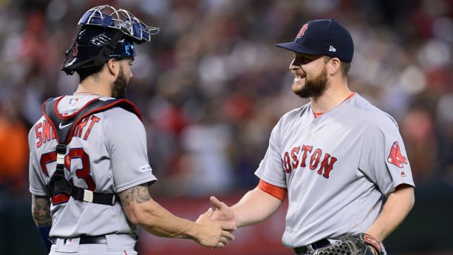 Boston Red Sox catcher Blake Swihart and pitcher Ryan Brasier