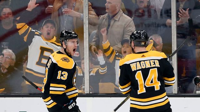 Boston Bruins forwards Charlie Coyle and Chris Wagner
