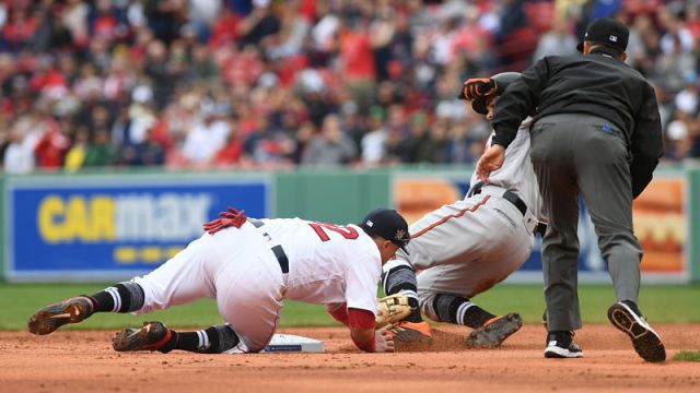 Boston Red Sox catcher Christian Vazquez and Baltimore Orioles infielder Renato Nunez
