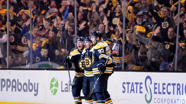 Boston Bruins forwards David Pastrnak, Brad Marchand and Patrice Bergeron