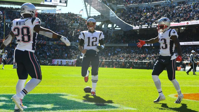 New England Patriots running back James White, quarterback Tom Brady and wide receiver Philip Dorsett