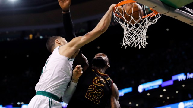 Boston Celtics forward Jayson Tatum (0) and NBA forward LeBron James