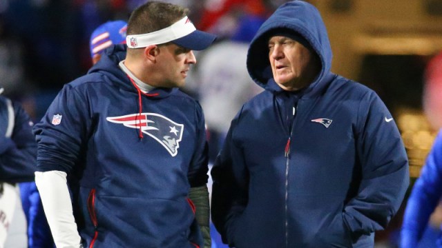 New England Patriots offensive coordinator Josh McDaniels and head coach Bill Belichick
