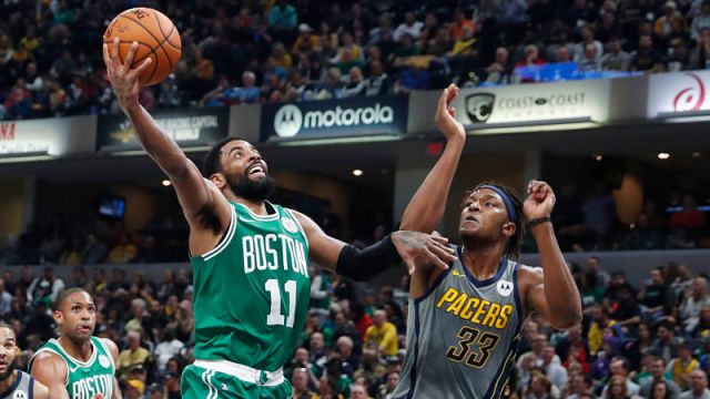 Boston Celtics guard Kyrie Irving and Indiana Pacers forward Myles Turner