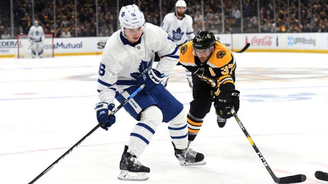 Toronto Maple Leafs forward Mitch Marner, Boston Bruins forward Patrice Bergeron