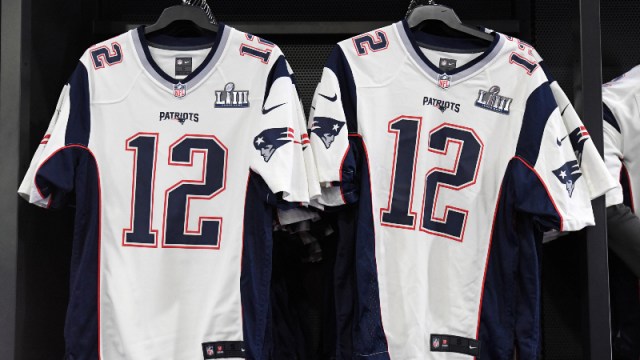 Jerseys of New England Patriots quarterback Tom Brady