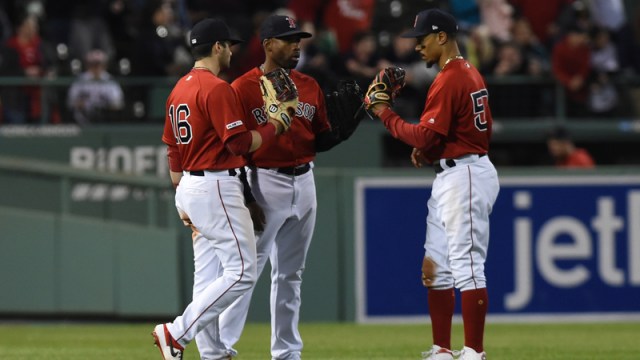 Boston Red Sox Outfielders Andrew Benintendi, Jackie Bradley Jr., Mookie Betts