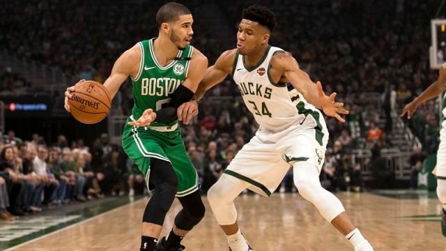 Boston Celtics guard Jayson Tatum and Milwaukee Bucks forward Giannis Antetokounmpo