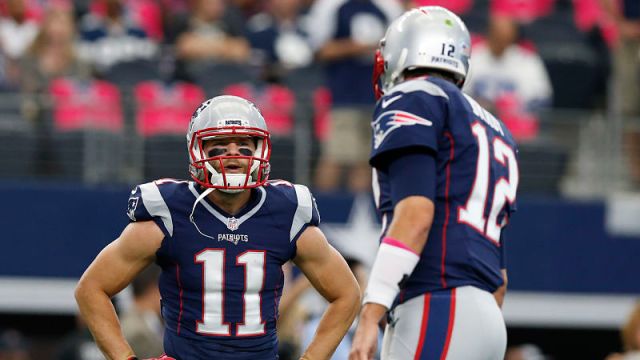 New England Patriots wide receiver Julian Edelman and quarterback Tom Brady