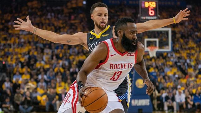 Golden State Warriors guard Stephen Curry and Houston Rockets guard James Harden