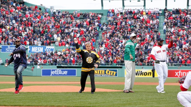 New England Patriots former player Ty Law (far left) and Boston Bruins former player Bobby Orr (left) Boston Celtics former player Bill Russell (right) and Boston Red Sox designated hitter David Ortiz (far right)