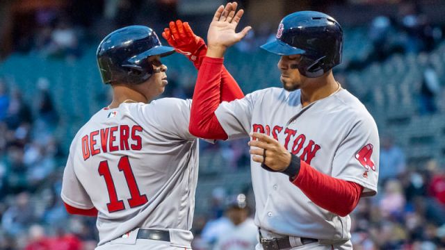 Boston Red Sox third baseman Rafael Devers and shortstop Xander Bogaerts